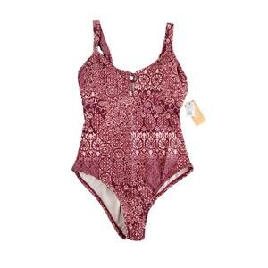 Kona Sol One Piece Swimsuit Womens Medium (10-12) Red Padded Geometric Print NWT